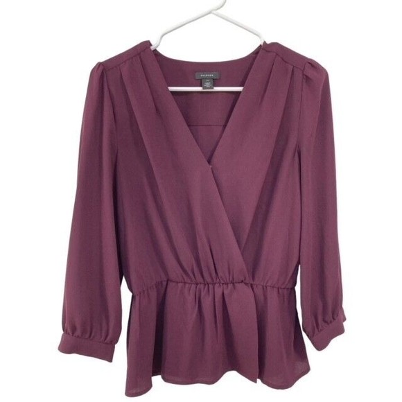 Halogen Tops - Halogen Womens Blouse Burgundy Deep V-Neck With Button Long Sleeve XS  NWOT